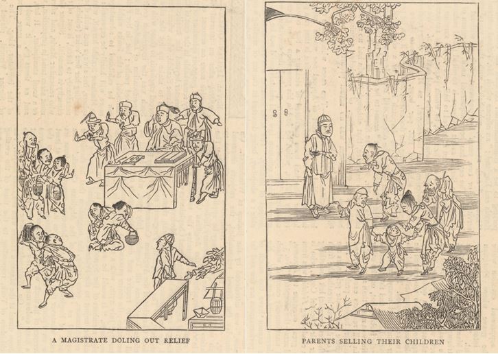 Woodblock Print Illustration: “A Magistrate Doling Out Relief” & “Parents Selling Their Children” 